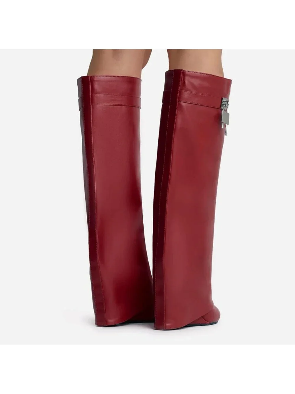 Women's Wine Fold Over Wide Calf Wedge Heel Knee High With Decorative Lock Boot